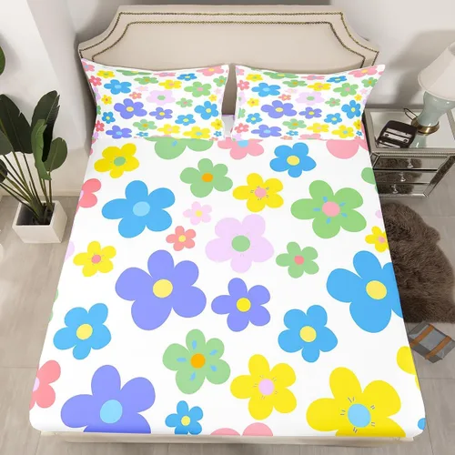 Miniatura 2 de Bonito juego de sábanas de flores para niñas y mujeres, sábanas coloridas de dibujos animados de flores funky de tamaño individual, bonito juego