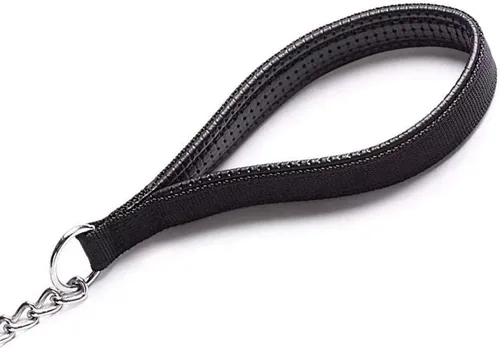 Miniatura 4 de Correa de cadena de metal chapado en cromo con mango acolchado suave para perros pequeños (S, mango negro)