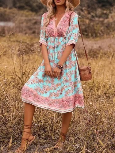 Miniatura 3 de OYOANGLE Vestido midi acampanado de media manga con cuello en V y estampado floral bohemio para mujer