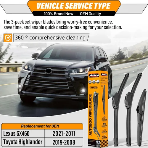 Miniatura 2 de AUTOBOO Limpiaparabrisas de 26 + 20 pulgadas con limpiaparabrisas trasero de 12 pulgadas de repuesto para Toyota Highlander 2019 2018 2017 2016 2015