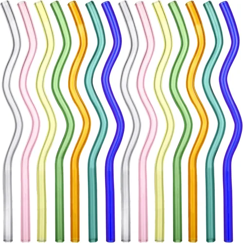 Eaasty 14 pajitas onduladas de vidrio transparente de borosilicato de 0.315 x 7.874 in, bonitas pajitas reutilizables de vidrio de colores para