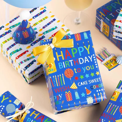 Miniatura 3 de Homeral Rollo de papel de regalo azul para cumpleaños - 17 pulgadas x 16.5 pies, con letras reversibles de "Feliz Cumpleaños" y velas coloridas.