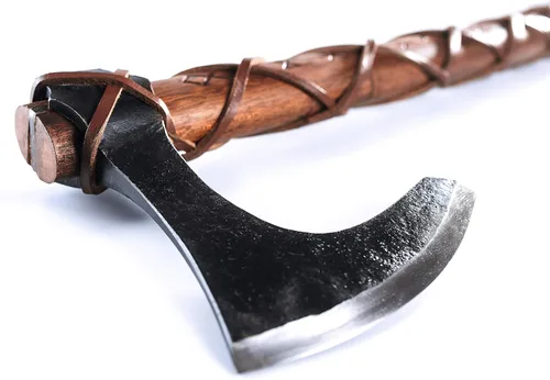 Hacha de batalla vikingo a dos manos con cabeza de hacha barbuda Skegg de acero EN45, eje de madera de teca con runas nórdicas grabadas a mano - The