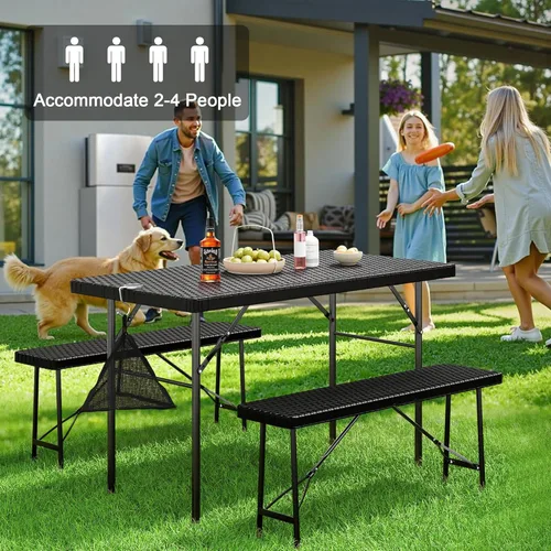 Miniatura 7 de VECELO Mesa de picnic plegable de 3 piezas con 2 bancos, juego de patio de ratán sintético de 47.2 pulgadas con bolsa de malla, resistente al calor