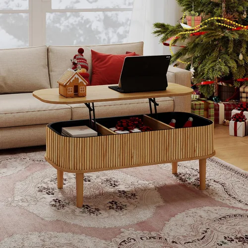 Miniatura 9 de Mesa de centro acanalada con tapa elevable y almacenamiento oculto, mesa de centro ovalada con tapa elevable, diseño moderno de mediados de siglo