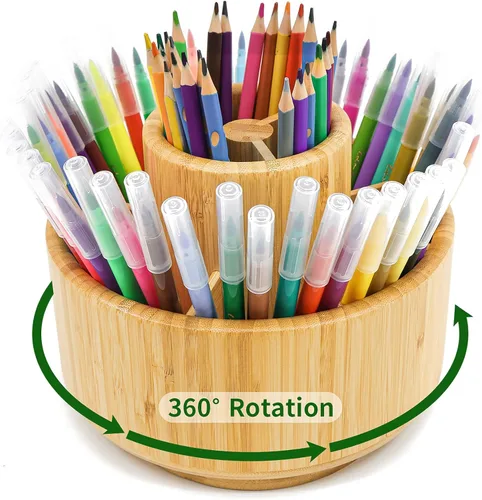 VaeFae Organizador de bambú para bolígrafos, organizador de suministros de arte giratorio de 360°, almacenamiento de escritorio para rotuladores,