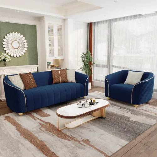 Miniatura 13 de Sofá de lujo de terciopelo retro de 3 plazas, cómodo sofá biplaza tapizado de terciopelo de 86 pulgadas con patas y almohadas de metal dorado, sofá