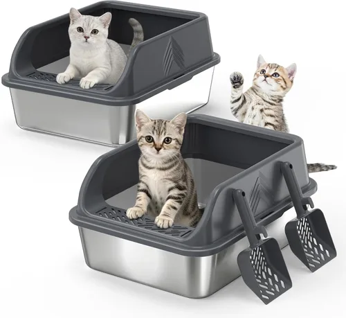 Miniatura 11 de Caja de arena de acero inoxidable con tapa, cajas de arena de metal para gatos de alta cara cerrada para gatos pequeños y gatos lesionados, conejo