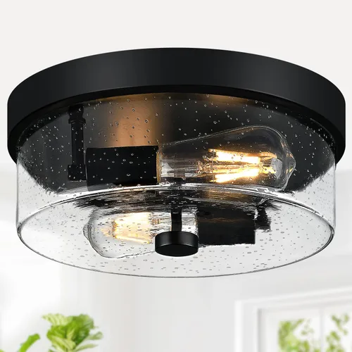 Miniatura 11 de Lámparas de techo de montaje empotrado, 2 luces de 12 pulgadas de níquel cepillado cerca de las lámparas de techo con pantalla de vidrio semillado