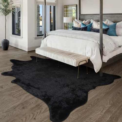 Alfombra de Piel Sintética de Vaca Negra, Alfombra de Piel de Vaca con Estampado de Vaca para Sala de Estar y Dormitorio, 4.6 x 5.2 Pies - Estampado