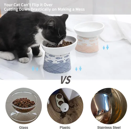 Miniatura 6 de Cuencos elevados de cerámica para gatos, juego de cuencos elevados inclinados para comida y agua, plato de porcelana libre de estrés para gatos