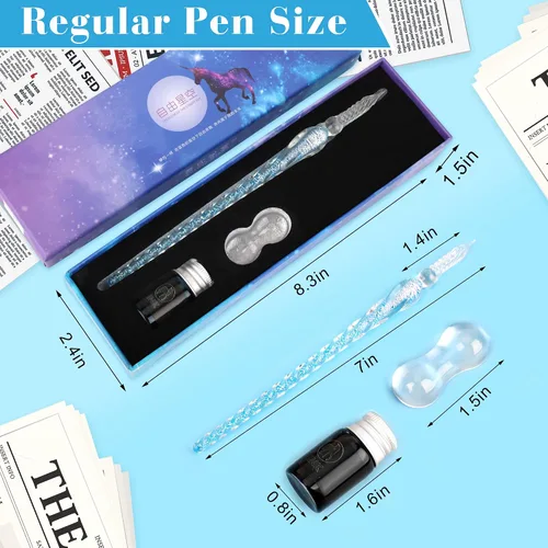 Miniatura 2 de Luxiv Juego de bolígrafos de tinta de vidrio, pluma de inmersión de vidrio con tinta fluorescente y soporte para bolígrafo, plumas de vidrio de Azul