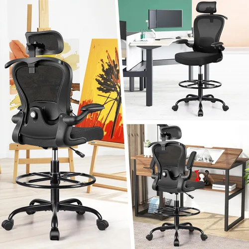 Miniatura 4 de Silla de Dibujo, Silla de Oficina Alta con Soporte Lumbar y para la Cabeza 3D, Silla Ergonómica de Malla para Escritorio de Pie con Reposapiés, Negro