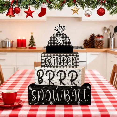 Miniatura 7 de 4 piezas de decoraciones navideñas para interiores - decoración de mesa de bola de nieve de madera para el hogar - centro de mesa navideño