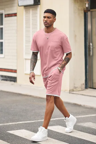 Miniatura 14 de COOFANDY Conjunto de camisa y pantalones cortos de gofre para hombre, conjunto de 2 piezas, conjunto casual de verano con bolsillos