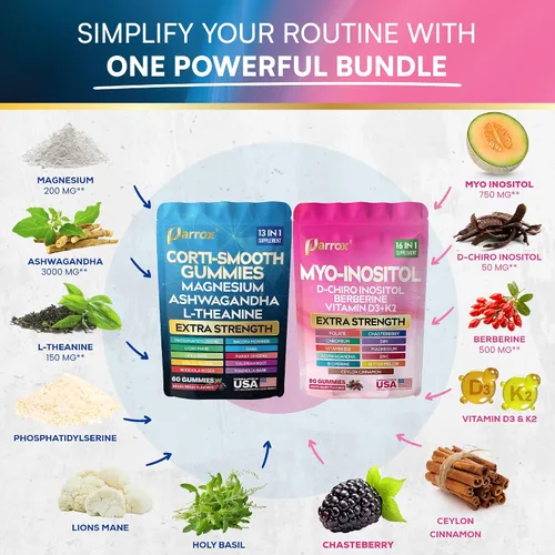Miniatura 4 de Paquete de gomitas calmantes y lisas: suplemento de cortisol y mio-inositol con D-Chiro inositol, berberina, magenesio, ashwagandha, L-teanina