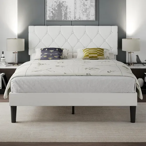 Miniatura 16 de VECELO Base de cama tamaño individual con cabecera capitoné con botones, base de cama tapizada con soporte de listones de madera, no necesita Beige