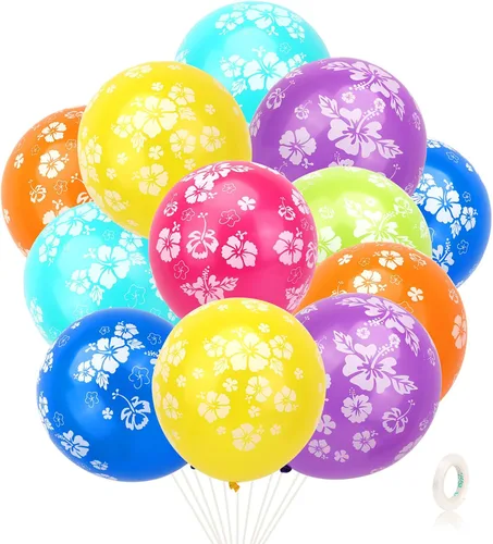 HOWAF 35 globos hawaianos con estampado de flores de hibisco, globos de látex multicolor con temática hawaiana tropical, decoraciones de fiesta para
