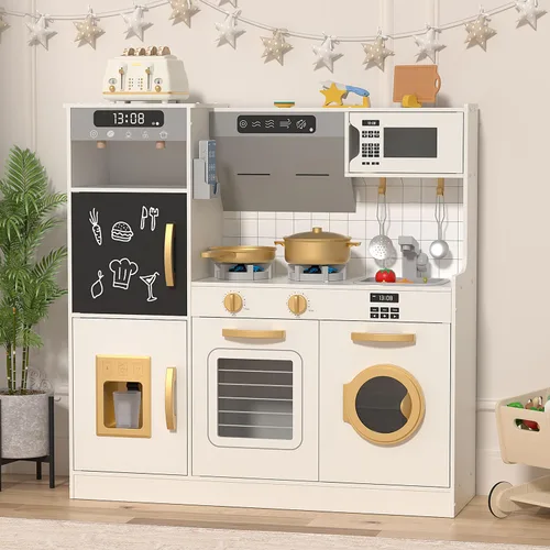 BIERUM Play Kitchen - Juego de cocina para niños con luces y sonidos realistas, 28 piezas de accesorios de comida de juguete y utensilios de cocina,