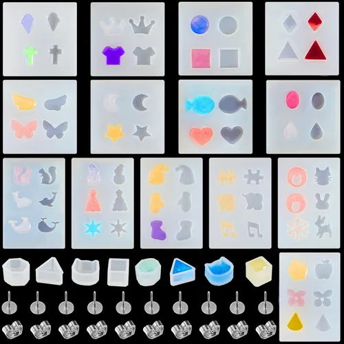 Geiserailie 22 piezas de aretes de resina, diminutas joyas de silicona, moldes de fundición epoxi con aretes de acero inoxidable y parte trasera de