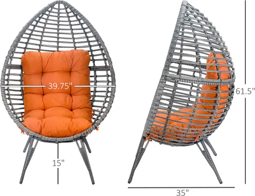 Miniatura 3 de Outsunny Silla de mimbre para patio con cojín suave, asiento de lágrima, silla de patio para exteriores/interiores, muebles de ratán de plástico PE