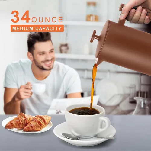 Miniatura 2 de Secura Cafetera de prensa francesa, prensa de café aislada de acero inoxidable de grado 304 con 2 pantallas adicionales, 34 onzas (1 litro), café
