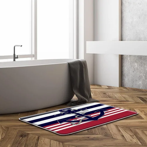 Miniatura 2 de Tapete de baño náutico con diseño de ancla azul marino, rojo y blanco, diseño creativo de océano, para baño, dormitorio, cocina, inodoro, respaldo