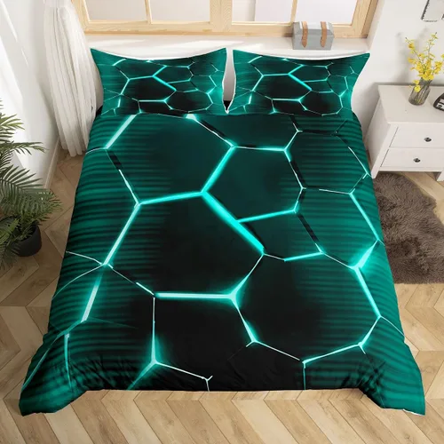 Miniatura 20 de Feelyou Juego de funda de edredón de panal de abeja, color verde y amarillo, juego de ropa de cama hexagonal para niños y niñas, funda de edredón