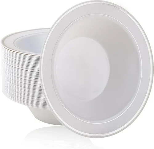 Miniatura 8 de JOLLY PARTY 50 cuencos de plástico con borde dorado, cuencos de sopa desechables de 12 onzas, cuenco de ensalada de postre prémium para Navidad