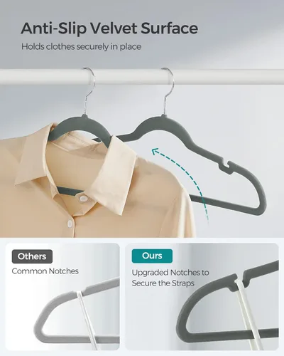 Miniatura 3 de SONGMICS UCRF029G05 - Paquete de 50 ganchos de terciopelo antideslizantes para trajes con muescas para el hombro, barra para pantalones, gancho Gris