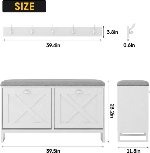 Miniatura 2 de Maupvit Zapatero con 2 cajones abatibles y perchero, banco de almacenamiento de zapatos con cojín de asiento para entrada, 5 ganchos grandes