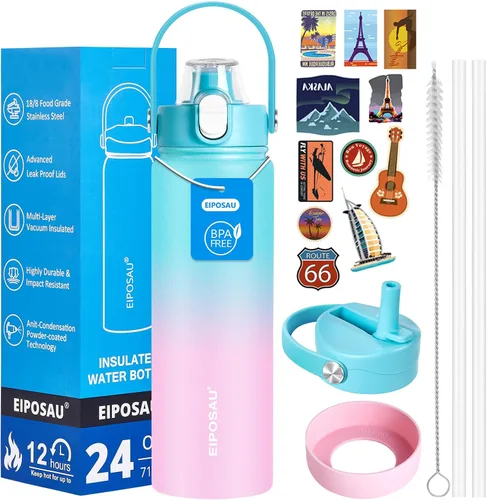 Miniatura 30 de Botella de agua aislada con tapa, bota y calcomanías, botella de acero inoxidable de 24 onzas, sin sudor, mantiene el frío las 24 horas, botella