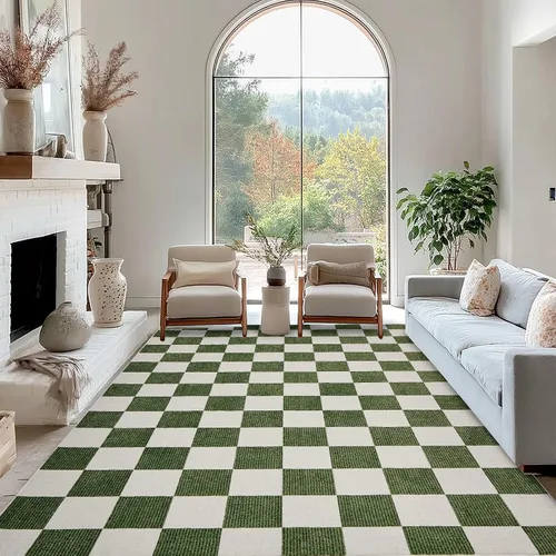 Miniatura 3 de Alfombra Lavable 5x7 de Cuadros, Alfombra de Área Verde y Blanca, Alfombras Grandes Boho para Sala de Estar, Alfombra de Bajo Pilo Ligera para Verde
