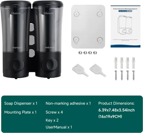Miniatura 7 de Dispensador de champú para pared de ducha, 2 cámaras, sin taladro, dispensador de champú y acondicionador de 15 oz/450 ml cada recipiente