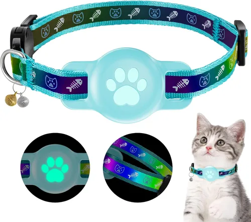 Collar reflectante Airtag para gato, collar de Airtag para gato con hebilla de escape, collar de gato ligero con soporte luminoso para Apple AirTag,