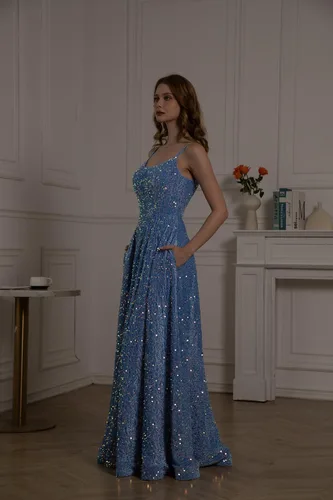 Miniatura 8 de Tianzhihe Vestidos de fiesta con tirantes delgados, vestidos de fiesta largos con lentejuelas, vestidos de fiesta formales brillantes acampanados