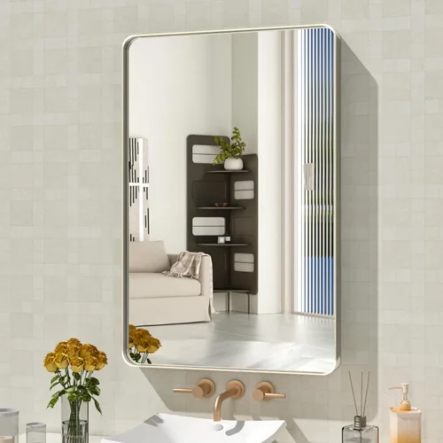 Miniatura 101 de WEER - Espejo de baño dorado, espejo de 40x32 pulgadas con marco de metal dorado cepillado, espejo de tocador de baño de oro para pared