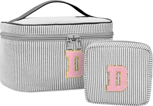Miniatura 39 de Juego de bolsas de maquillaje con iniciales para niñas y mujeres, bolsa de cosméticos con monograma con soporte para cepillos, estuche de maquillaje