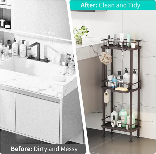 Miniatura 7 de HapiRm Organizador de ducha de esquina de pie, organizador de ducha de esquina de 3 niveles con soporte para jabón, estante de baño de acero