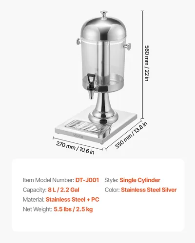 Miniatura 7 de VEVOR Dispensador de bebidas, dispensador de bebidas de 2.1 galones para fiestas, dispensadores de jugo de acero inoxidable + plástico con bandeja