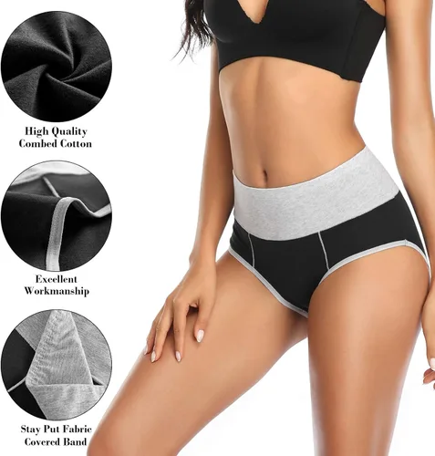 Miniatura 3 de QOVOQ Ropa interior de algodón para mujer, cobertura completa, cintura alta, elásticos, suaves, cómodas, paquete múltiple