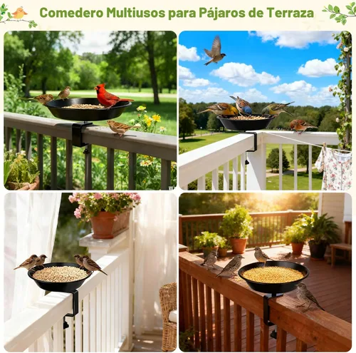 Miniatura 4 de Comedero para pájaros de balcón para barandilla de cubierta, montado en cubierta con bandeja de semillas para exteriores, acero resistente ajustable