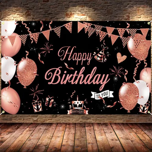 Miniatura 5 de Cartel de feliz cumpleaños negro y oro rosa, decoración de fondo de feliz cumpleaños para mujeres y niñas
