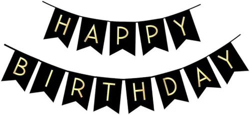 Fecedy, Banderín y Cartel de Feliz Cumpleaños, Negro con Letras Doradas y Brillantes, Suministros para Fiestas.