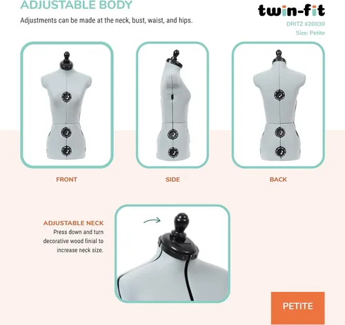 Miniatura 5 de Dritz Forma de Vestido Ajustable Twin-Fit Petite, Tallas US 00–4, Maniquí de Costura Femenino con Torso Corporal Pinnable, 13 Diales para Ajuste