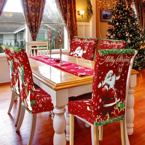 Miniatura 3 de Ganeen 6 piezas de fundas para sillas navideñas, funda para respaldo de silla de Navidad, funda elástica para asiento de Navidad lavable, protector