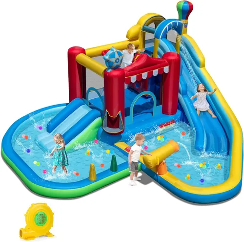 Miniatura 12 de HONEY JOY Tobogán acuático inflable, casa de rebote de tobogán acuático 9 en 1 con piscina de salpicaduras, tobogán largo, pozo de bolas con 50