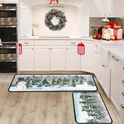 Miniatura 9 de Juego de 2 tapetes de cocina verdes de Navidad, decoración de Navidad antideslizante, ciervo, muñeco de nieve, alfombras de cocina de invierno