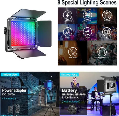 Miniatura 4 de GVM - Kit de luz LED RGB de 65 W, 25000 lux/1.6 ft, iluminación fotográfica 1300D con control de aplicación Bluetooth, luces de panel a todo