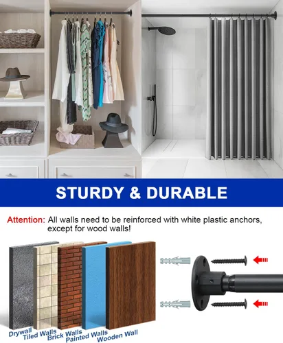 Miniatura 2 de Barra de cortina de ducha negra, barra de ducha ajustable para baño de 28 a 48 pulgadas, barra de ducha resistente para montaje en pared